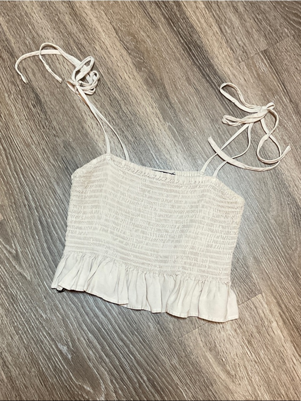 Forever 21 Light Cream Smocked Ruffle Tie-Strap Cami